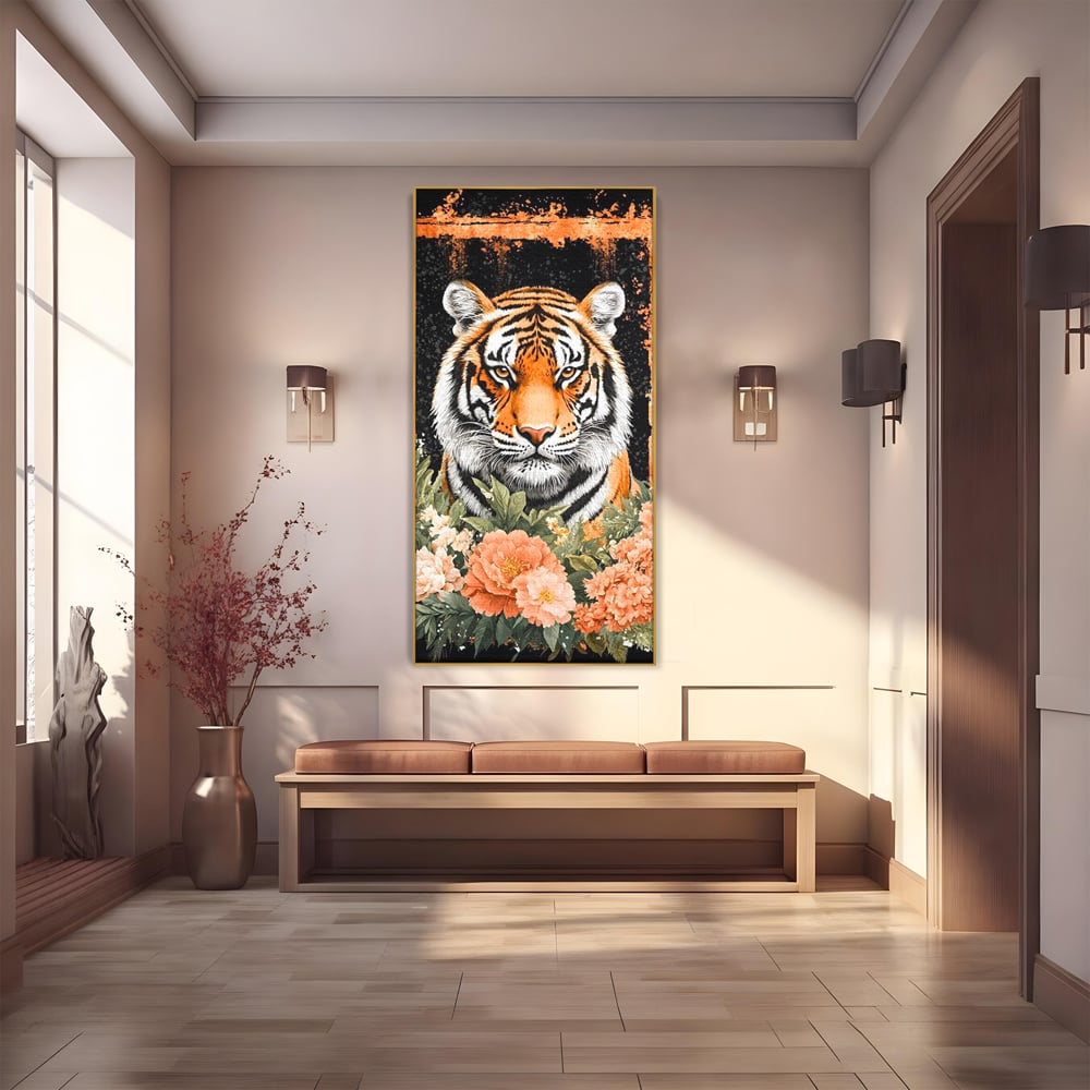 Tablou canvas cu tablou canvas cu tigru si flori, in rama de aluminiu auriu